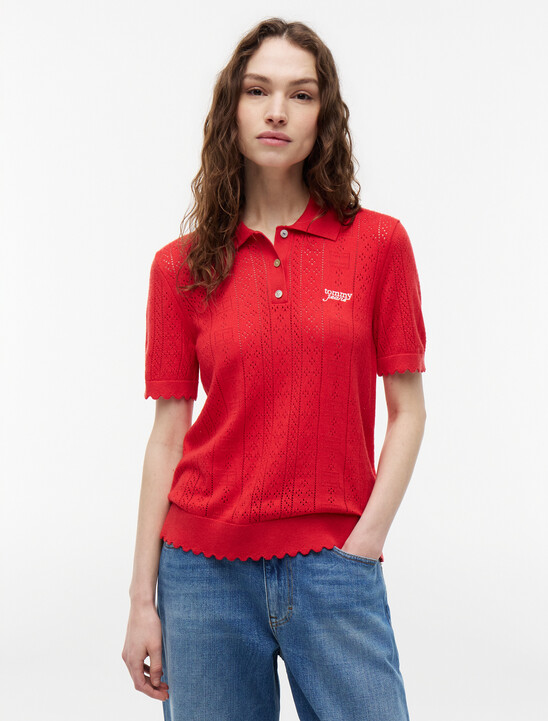 Pointelle Flag Short Sleeve Polo Jumper
