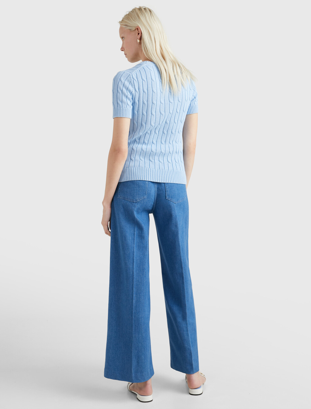 Cable Knit Short Sleeve Jumper, Vessel Blue, hi-res