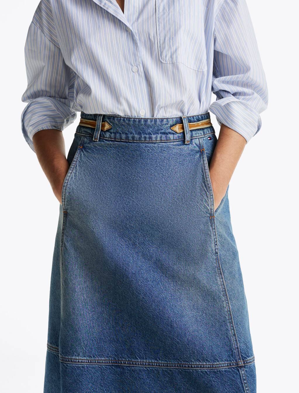 Leather Detail Denim A-Line Midi Skirt, Bo, hi-res