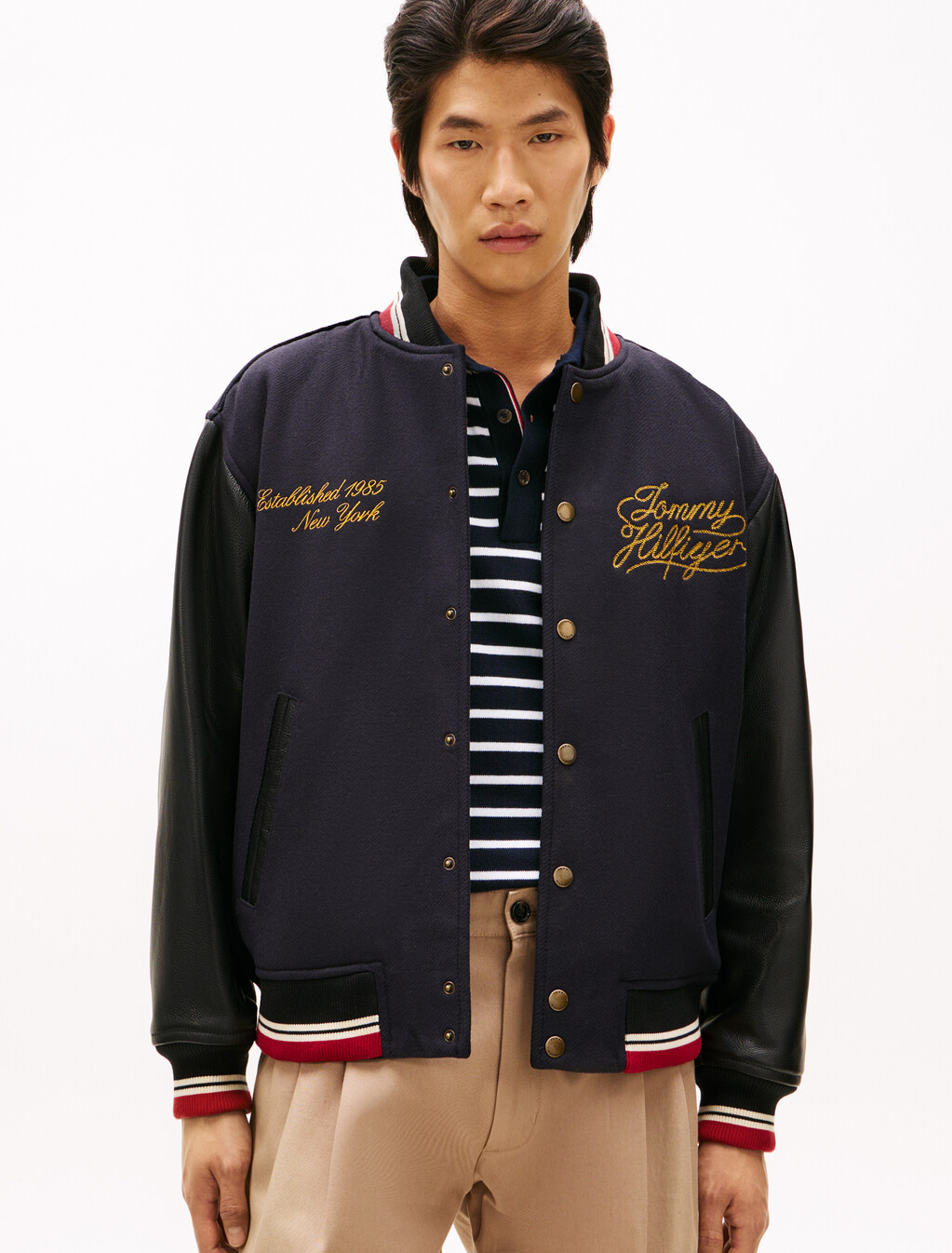 Wool Blend Leather Varsity Jacket, Desert Sky, hi-res