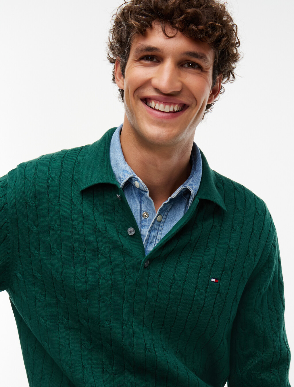 Cable Knit Polo Jumper, Ornamental Green, hi-res