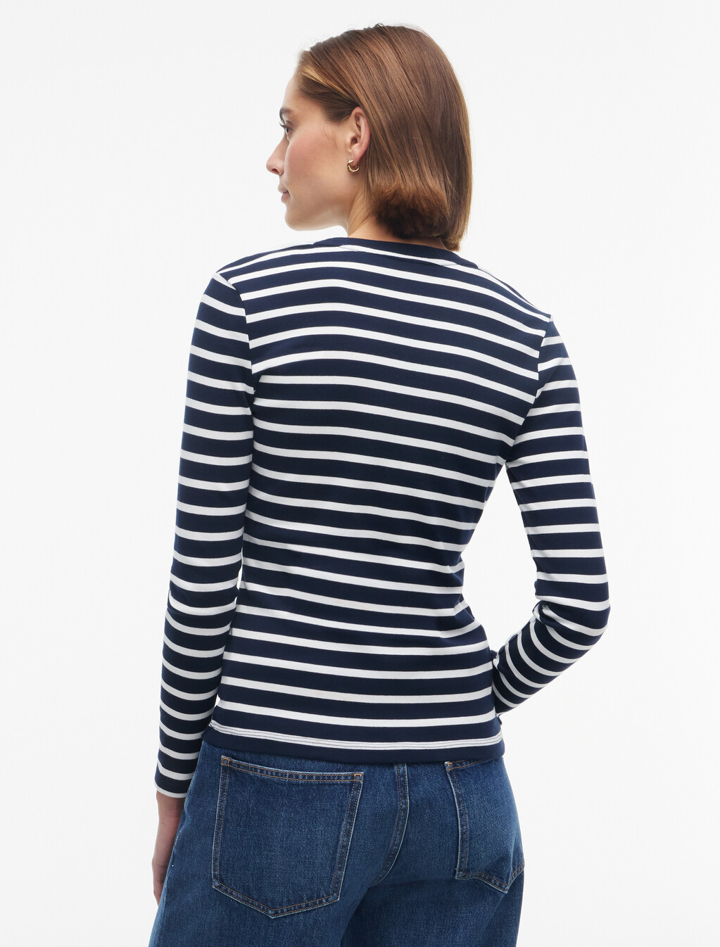 Slim Crew Neck Long Sleeve T-Shirt, Stripe Dark Blue / Ecru, hi-res