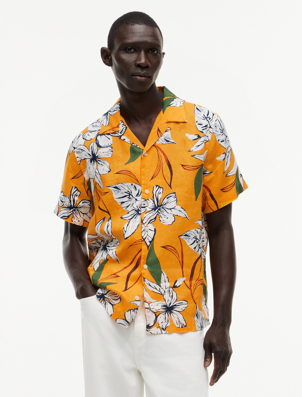Regular Tropical Print Linen Short Sleeve Shirt, Orange Flash / Allover, hi-res