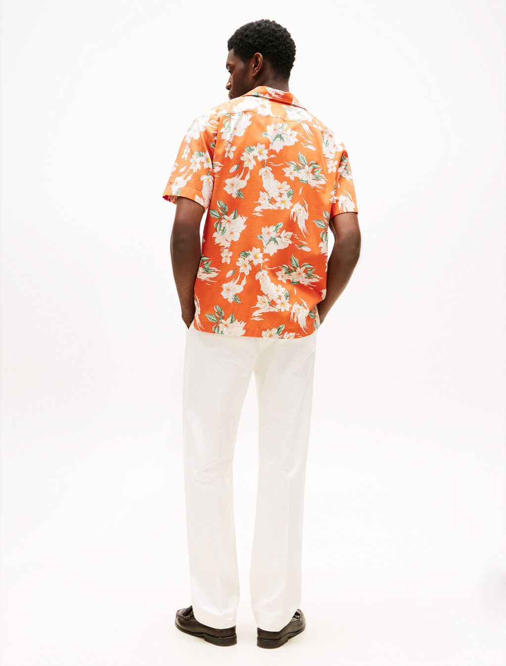 Lightweight Floral Print Viscose Shirt, Brilliant Orange / Allover, hi-res