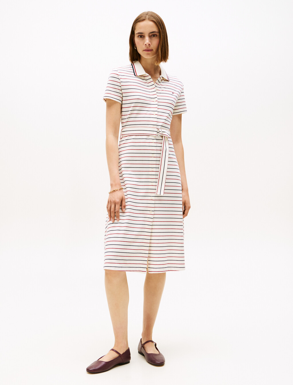 Asia Fit Midi Fit & Flare Polo Dress, Multi Stripe Ivory/Red/Navy, hi-res