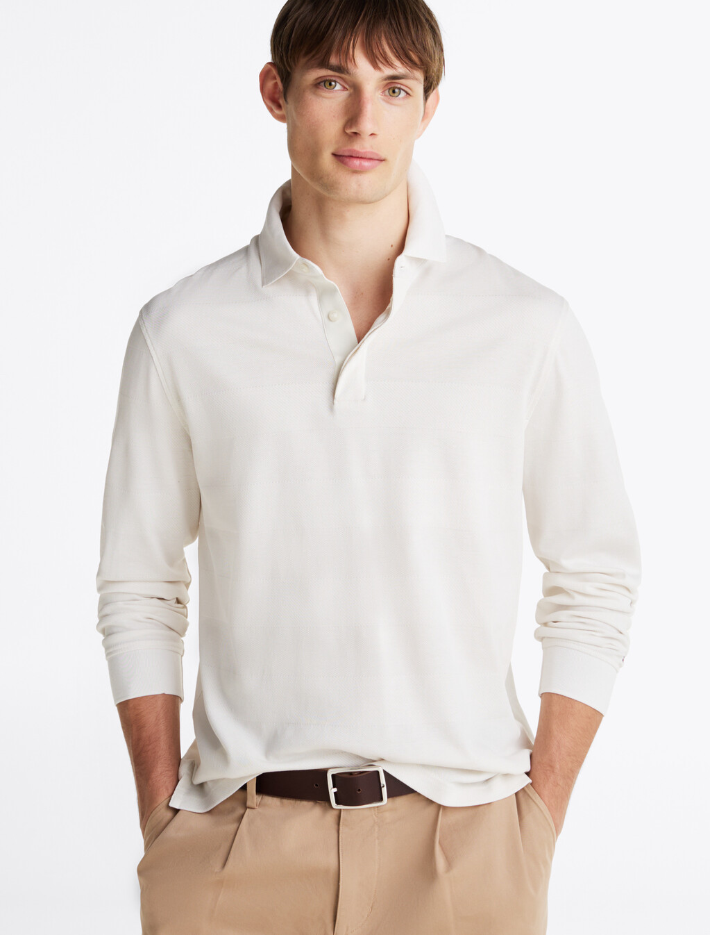 Regular Fit Long Sleeve Polo Shirt, Ivory, hi-res