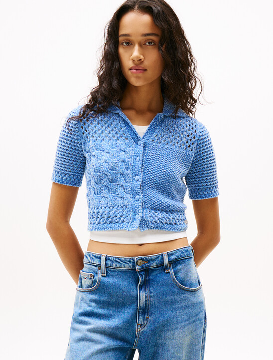 Perforated Camp Collar Cardigan