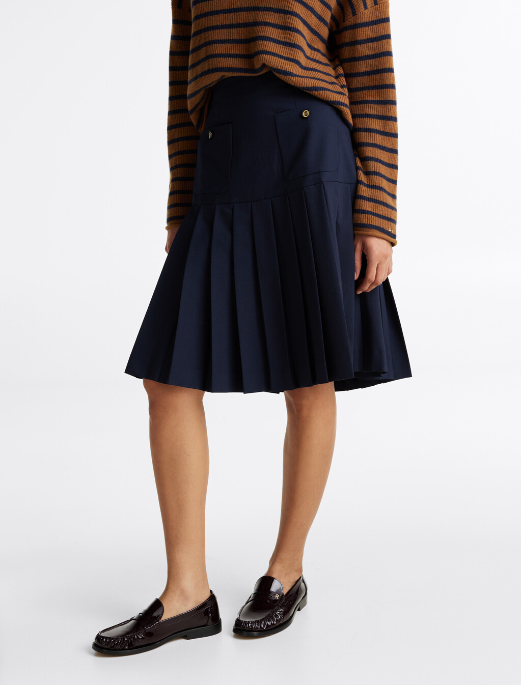Wool Blend Pleated Midi Skirt, Dark Night Navy, hi-res