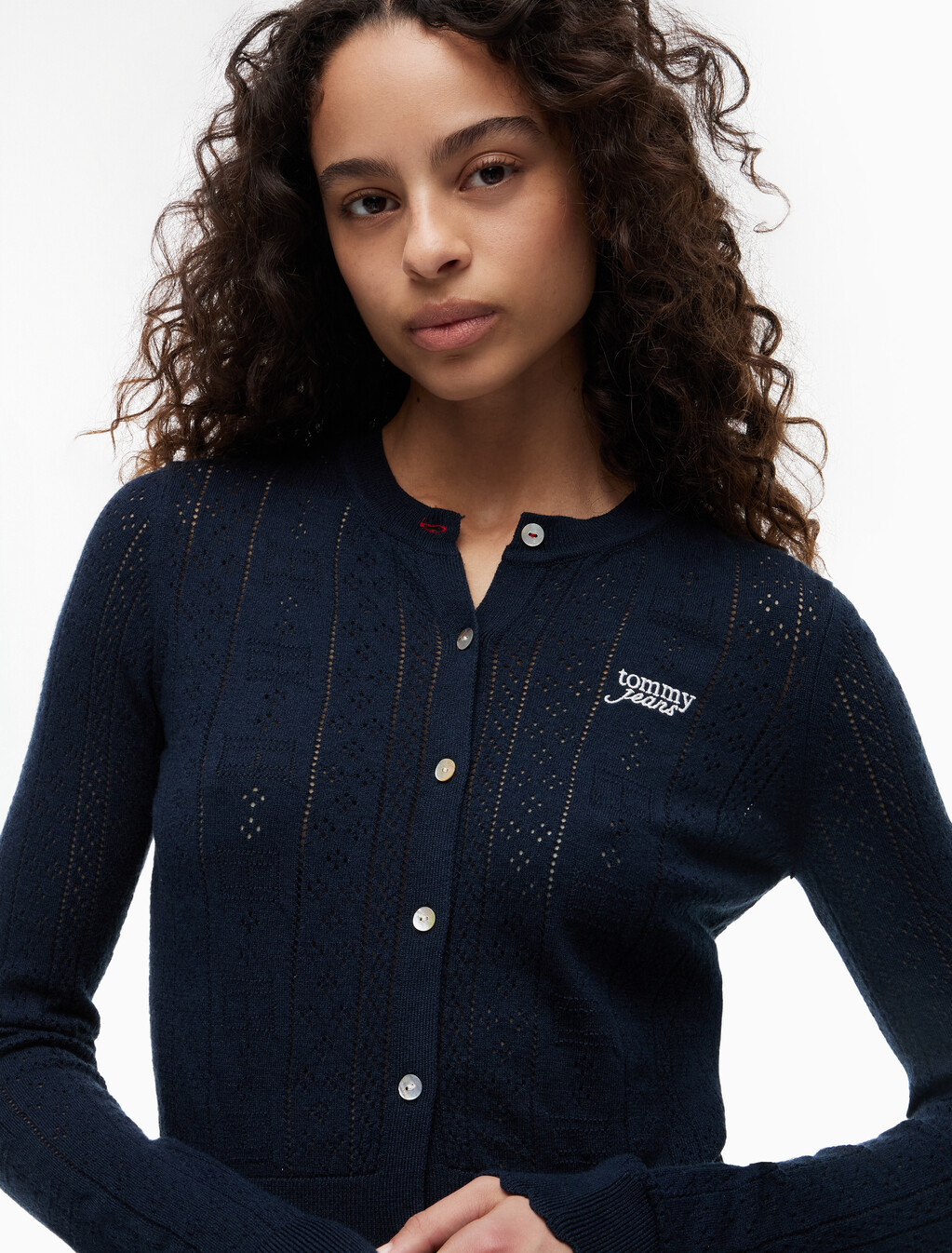 Slim Pointelle Flag Cardigan, Dark Night Navy, hi-res