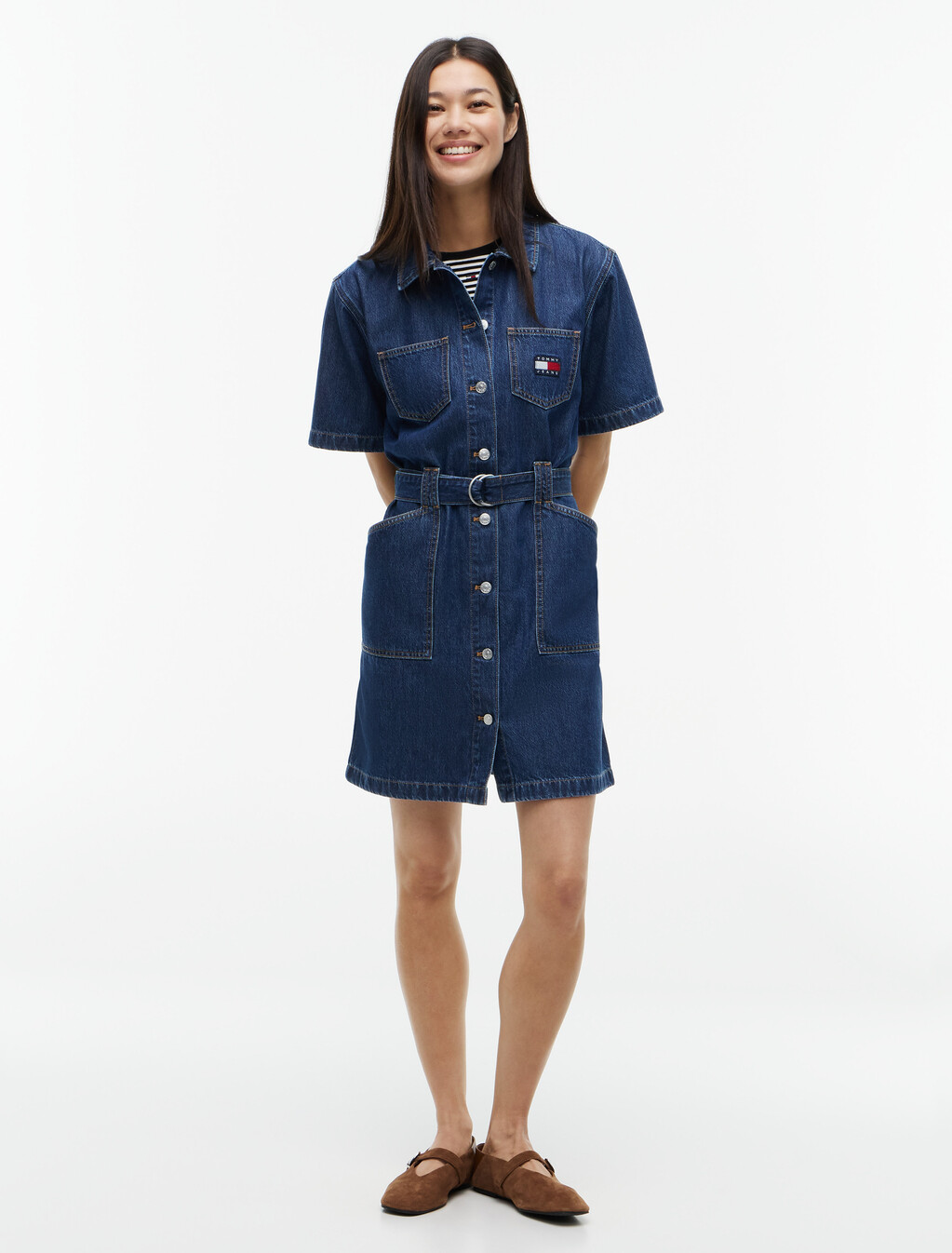 Denim Utility Short Sleeve Shirt Dress, Denim Dark, hi-res