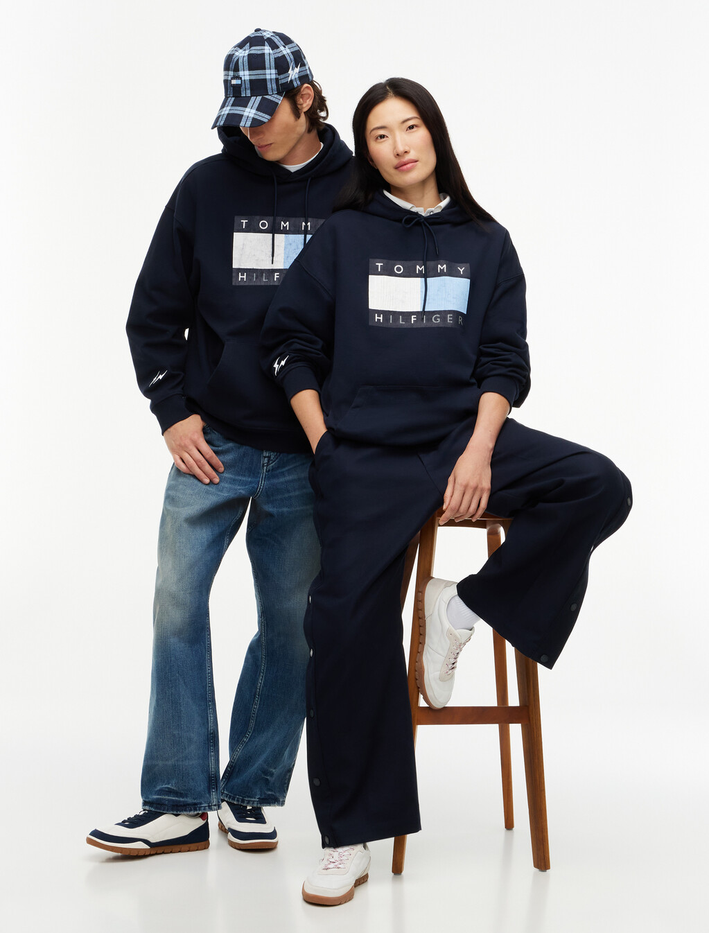 Washed Flag Logo Fleece Relaxed Hoody, Navy Blue, hi-res