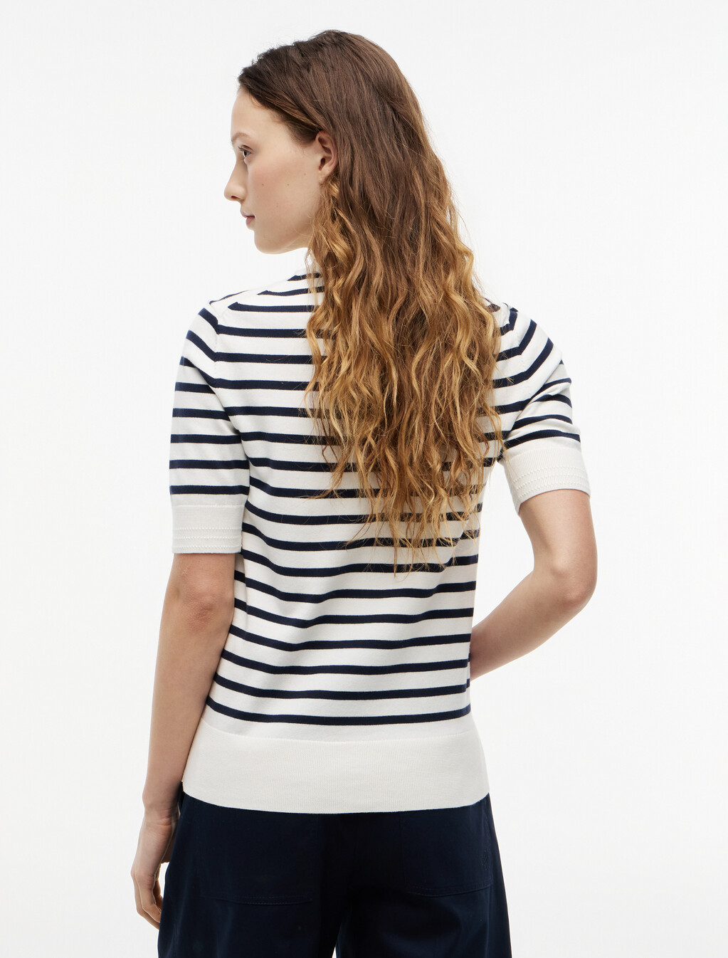 Fine Knit Jersey Short Sleeve Jumper, Ivory Petal/ Dark N Navy Breton Stp, hi-res