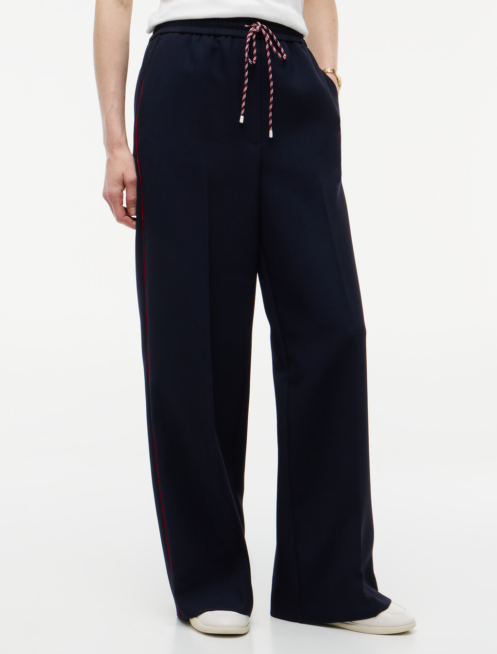 Global Stripe Drawstring Wide Leg Trousers, Dark Blue, hi-res