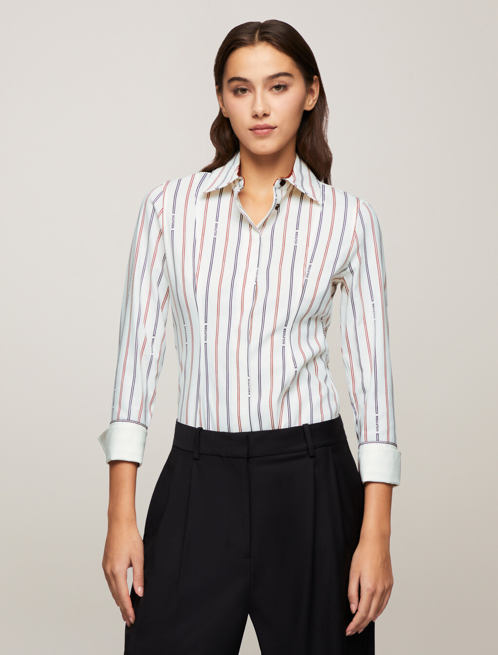 Asia Fit Logo Stripe Slim Shirt, Monotype Stp/ Ancient White, hi-res
