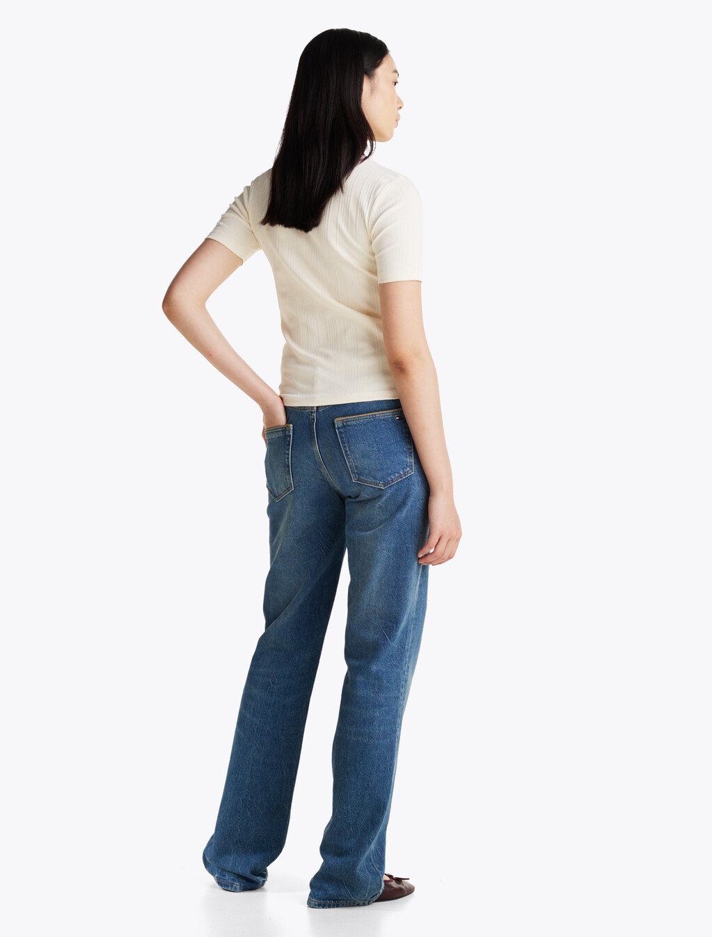 Rib-Knit Contrast Collar Slim T-Shirt, Calico, hi-res
