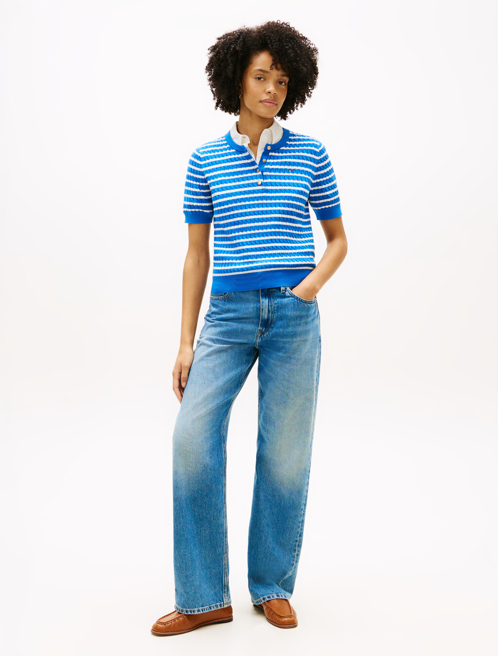 Fine Cable Knit Short Sleeve Henley Jumper, Breton Stp Blue Orbit, hi-res