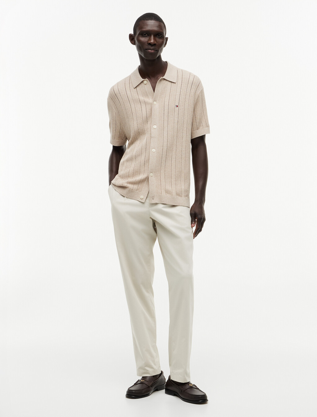 Relaxed Pointelle Short Sleeve Shirt With Linen, Batique khaki Heather, hi-res