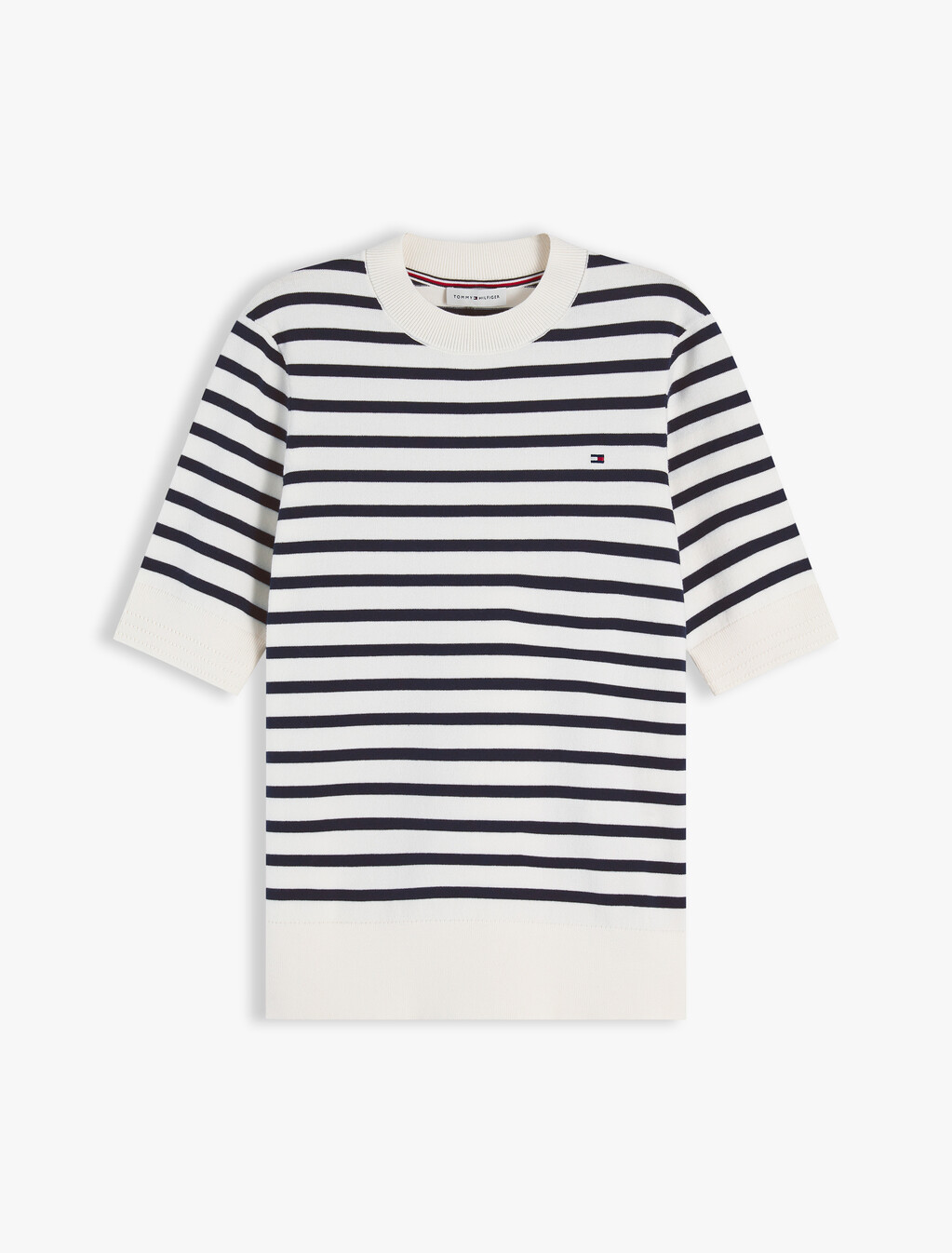 Fine Knit Jersey Short Sleeve Jumper, Ivory Petal/ Dark N Navy Breton Stp, hi-res