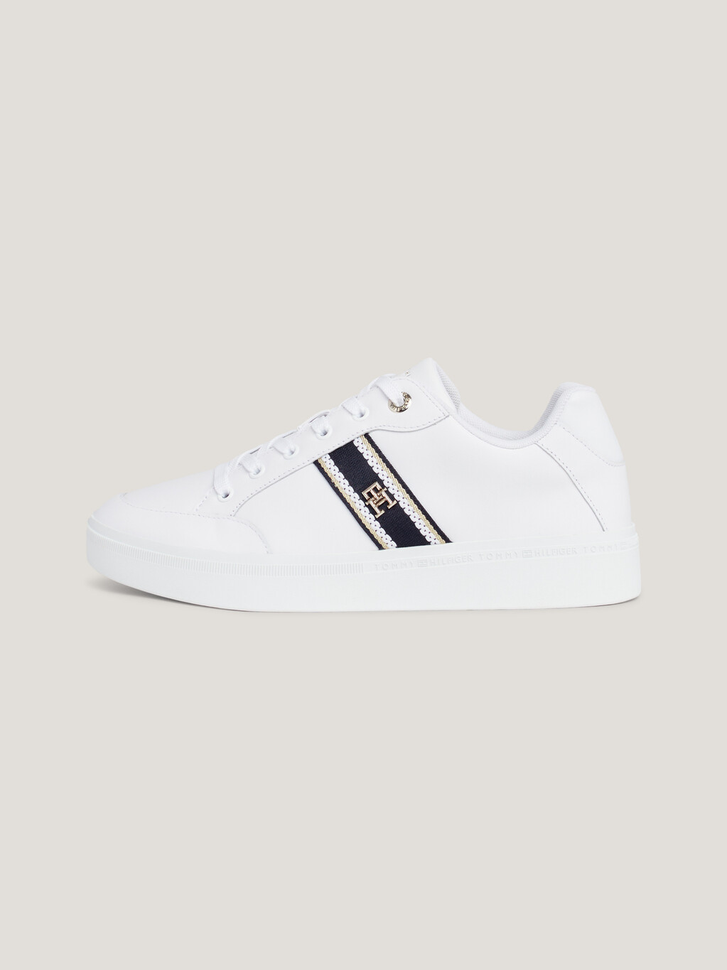 Webbing Leather Court Trainers, White, hi-res