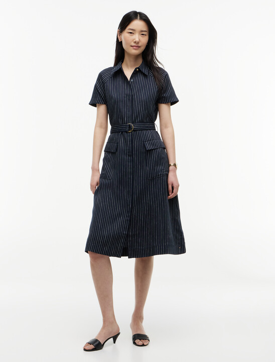 Stripe Belted Shirt Dress With Linen