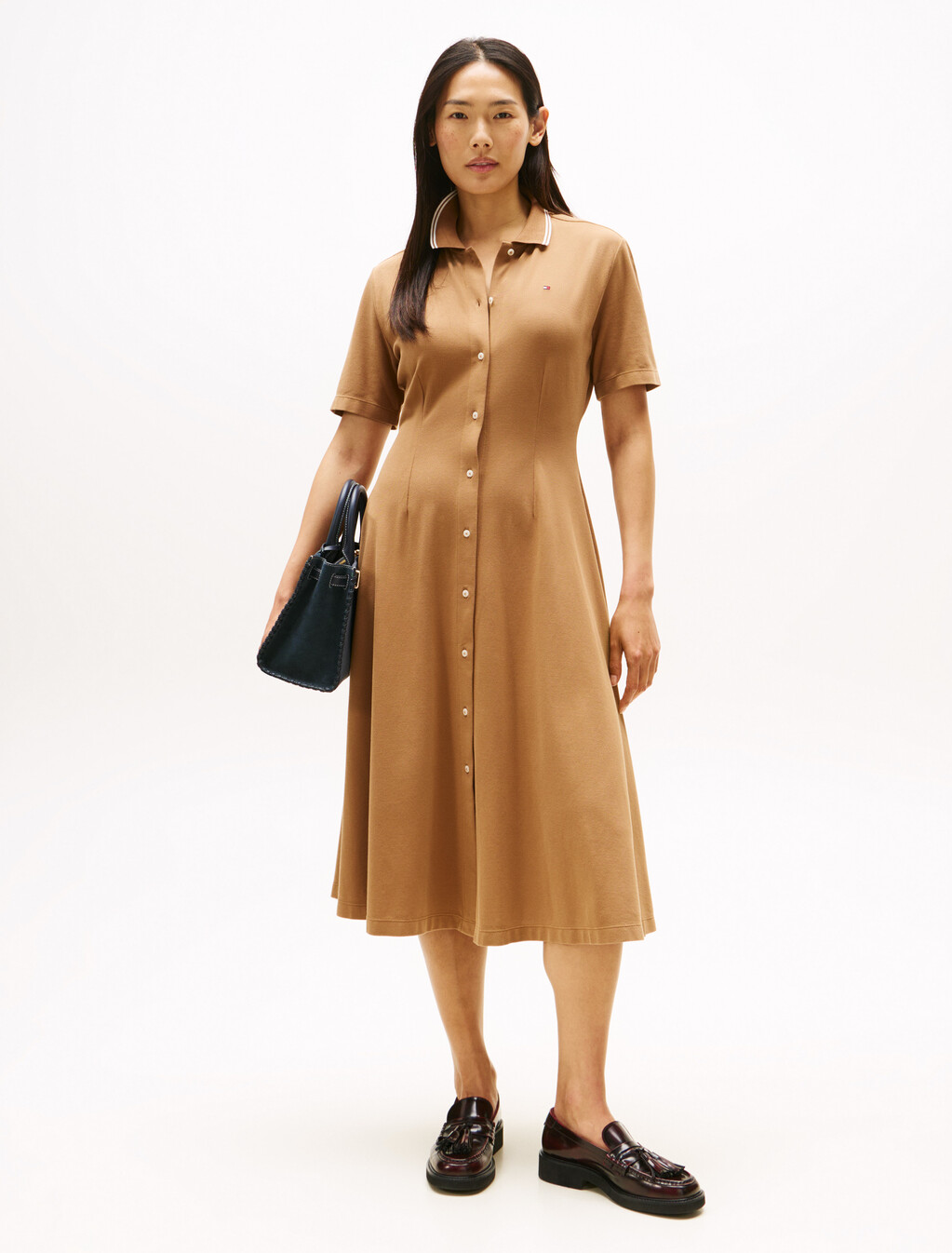 Knit Fit & Flare Polo Dress, Hickory, hi-res