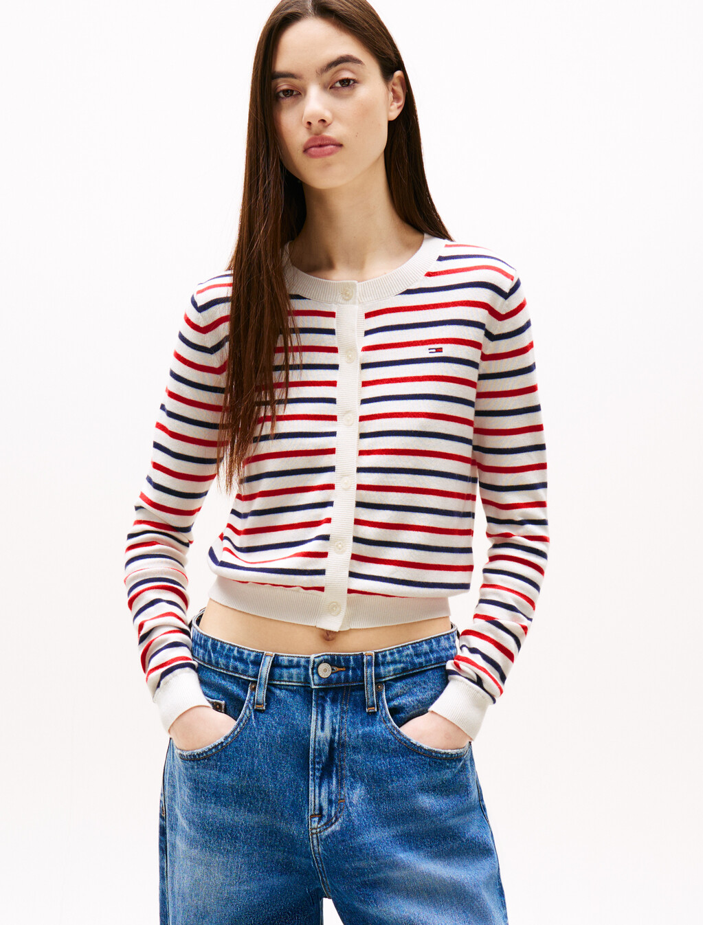 Essential Crewneck Cardigan, White / Red / Navy Stripe, hi-res