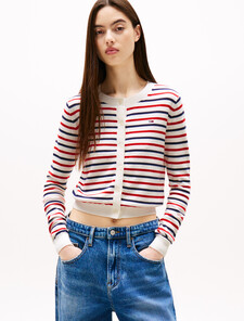 Essential Crewneck Cardigan, White / Red / Navy Stripe, hi-res