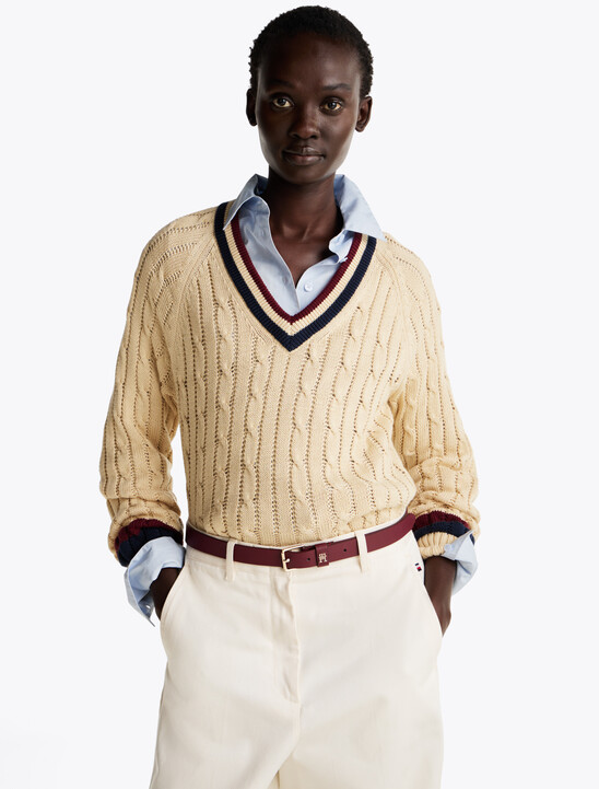 Varsity Cable Knit V Neck Sweater