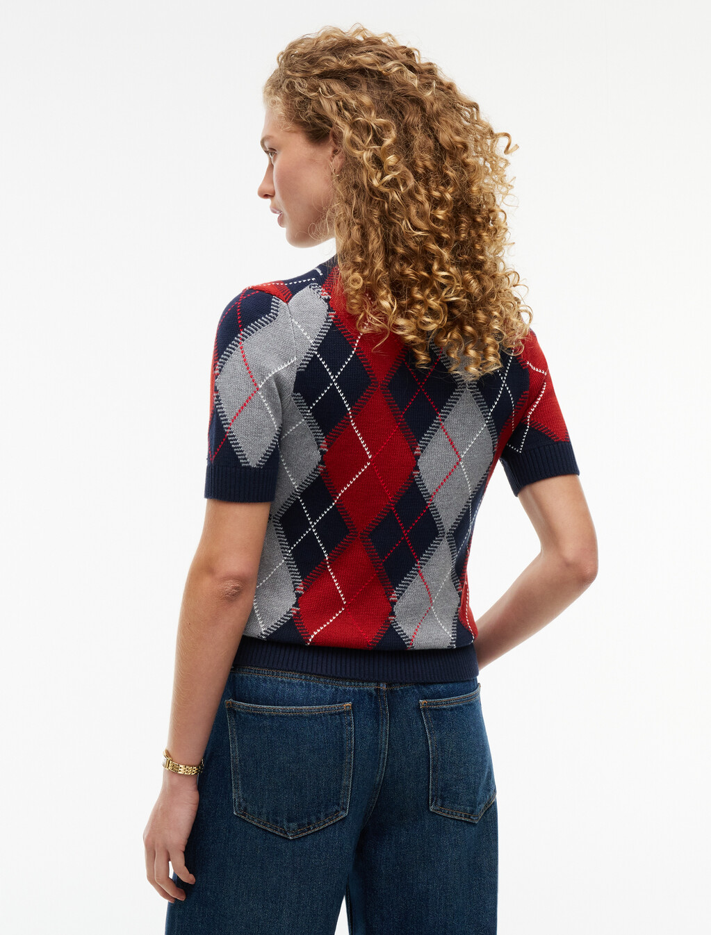 Argyle Short Sleeve Jumper, Dark Blue Argyle, hi-res