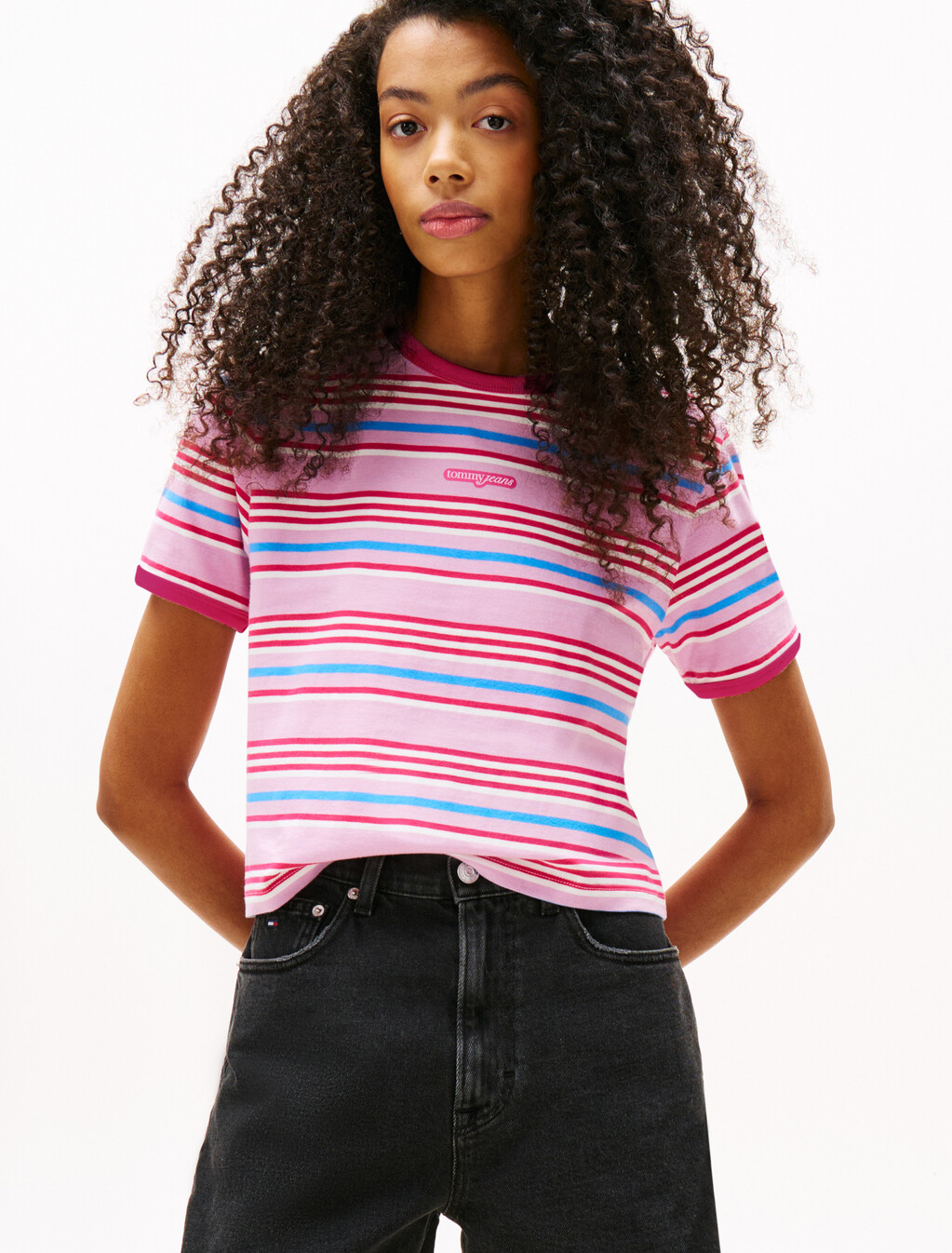 Regular Script Border T-shirt, Carnival Pink / Stripe, hi-res