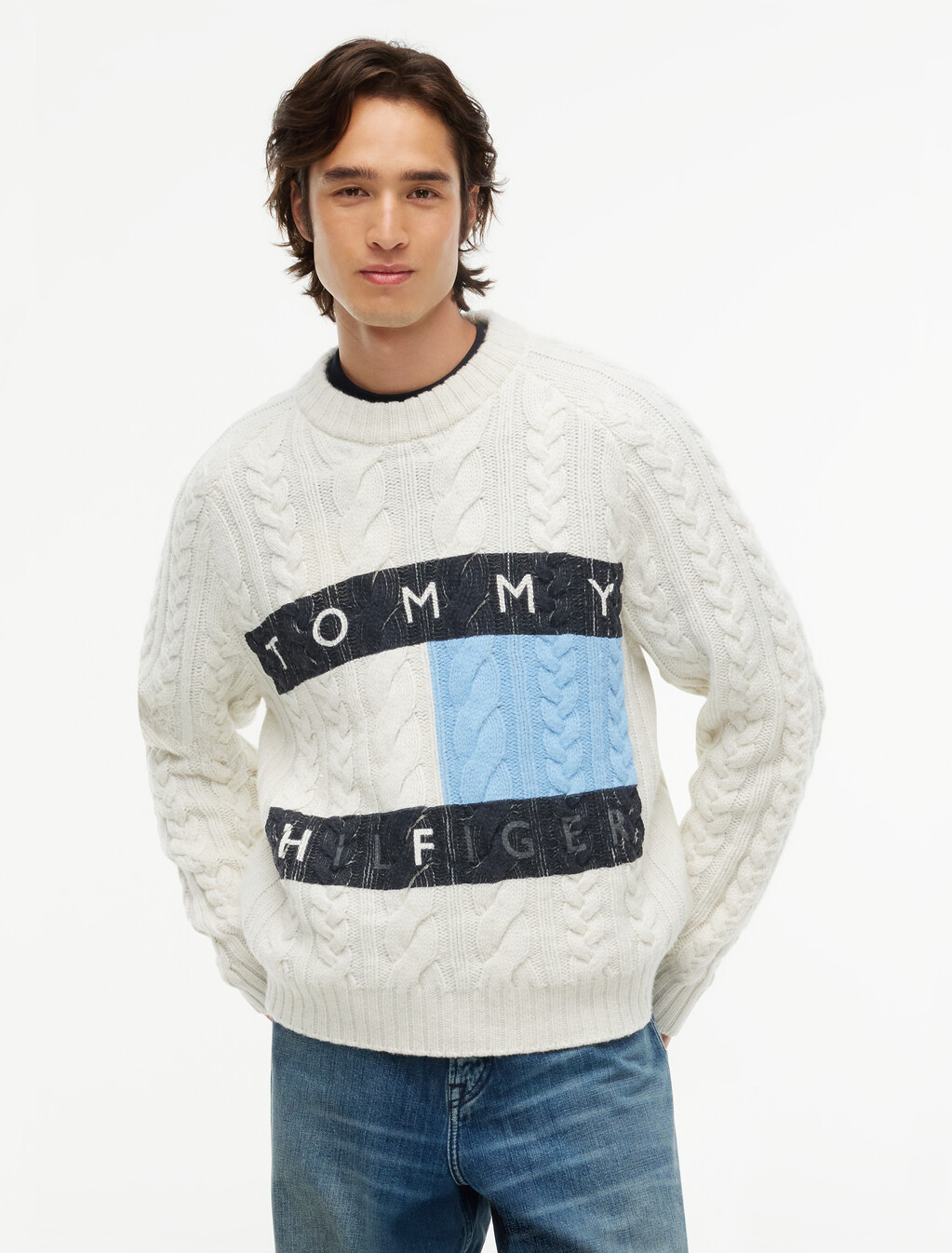 Wool Blend Cable Knit Jumper, Ecru / Well Water, hi-res