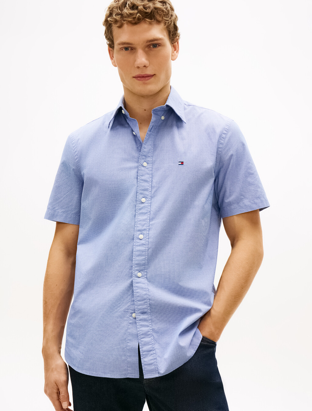 Flex Poplin Houndstooth Short Sleeve Shirt, Wedge Blue / Check, hi-res