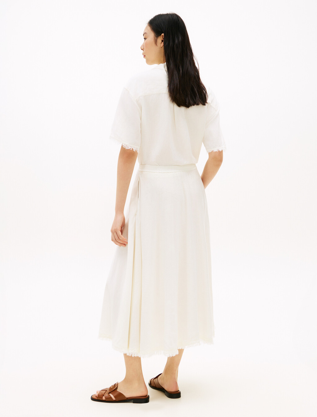 Pleated Linen Blend Midi A-Line Skirt, Ivory Silk, hi-res