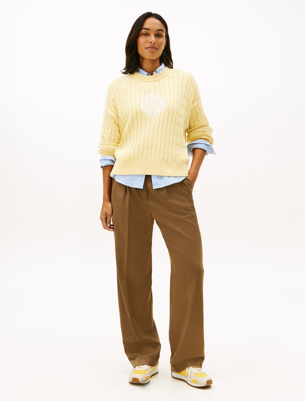 Logo Embroidery Relaxed Cable Knit Jumper, Zesty Yellow, hi-res