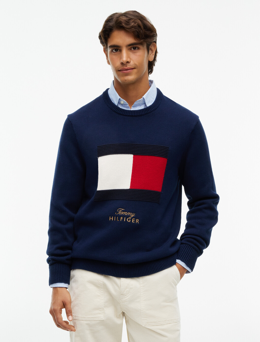 Intarsia Flag Crew Neck Jumper, Carbon Navy, hi-res