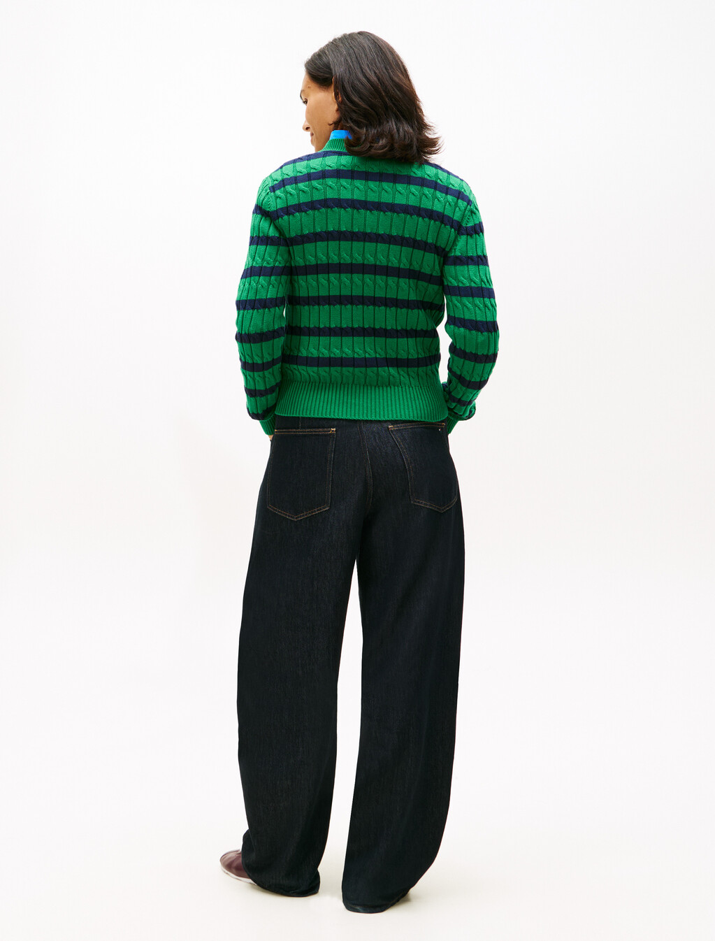 Cable Knit Crew Neck Jumper, Nouveau Green/Navy Breton Stp, hi-res