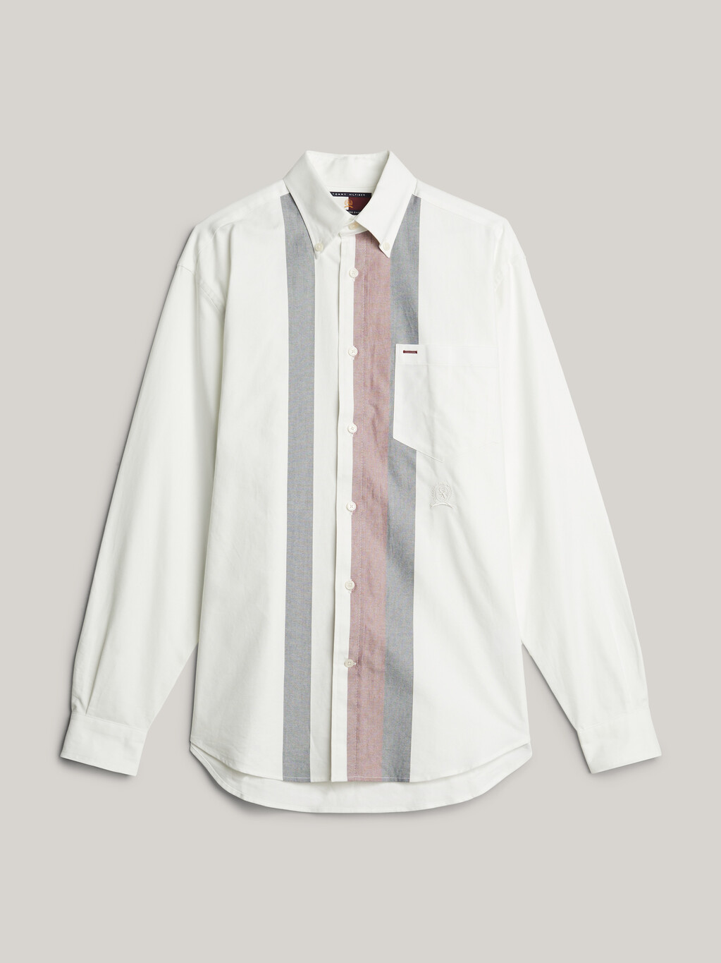 Crest Embroidery Colour-Blocked Regular Oxford Shirt, Ecru, hi-res
