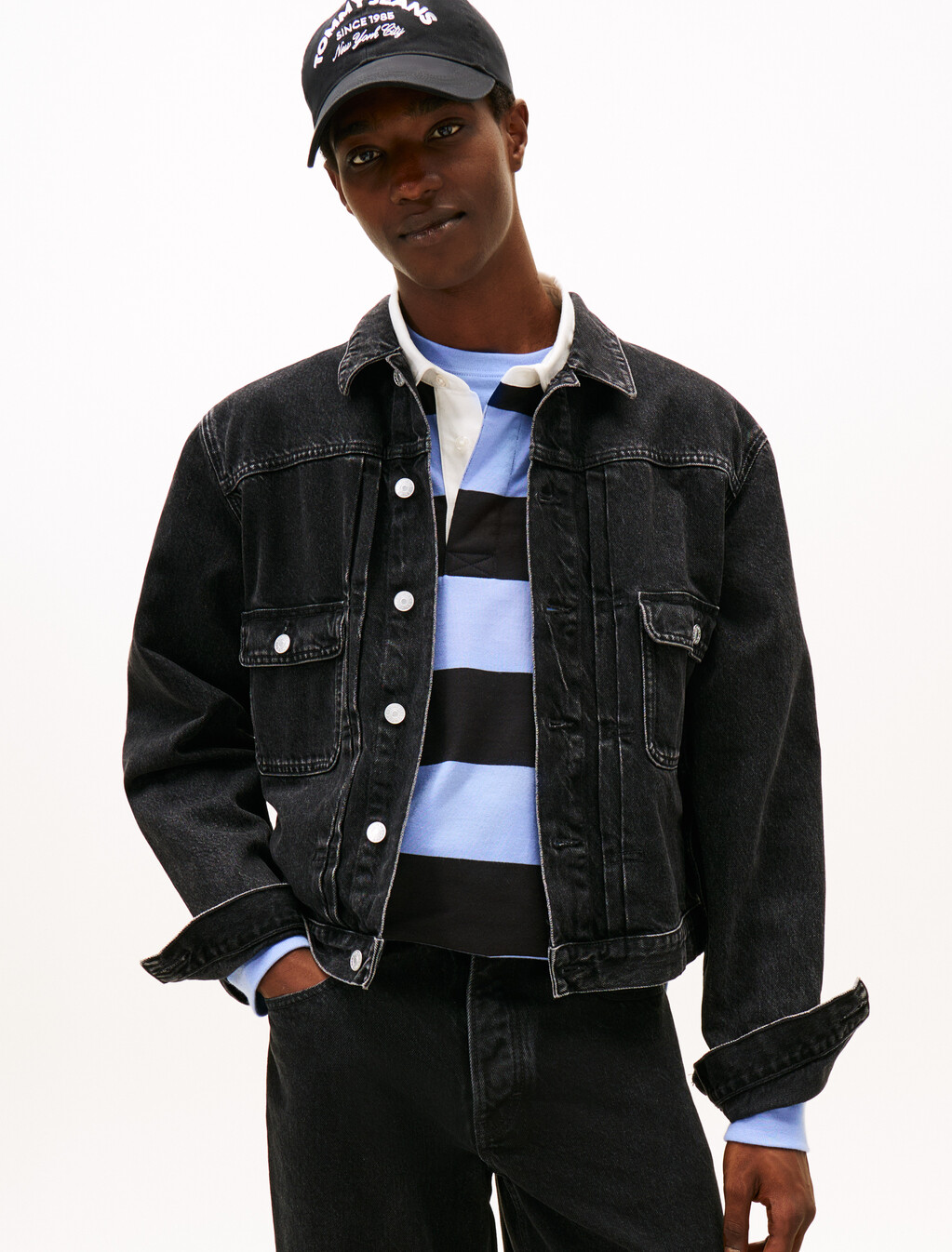 Pleated Cotton Lyocell Denim Jacket, Denim Black, hi-res