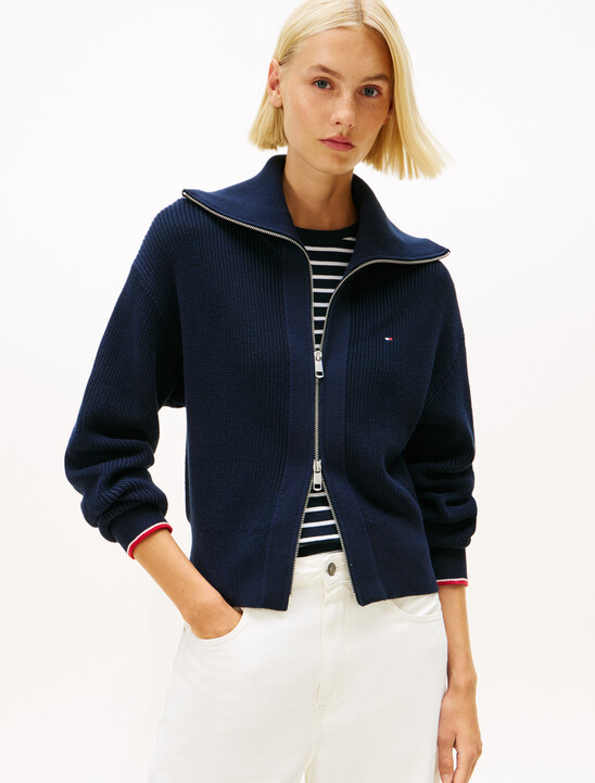 Double Zip Flap Collar Knit Cardigan