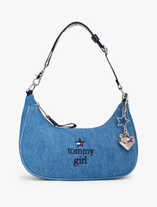 Tommy Girl Logo Charm Denim Shoulder Bag, Mid Blue Denim Wash, hi-res