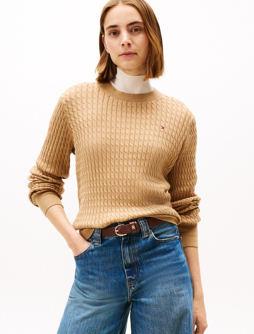 Fine Cable Knit Crew Neck Jumper, Safari Canvas, hi-res