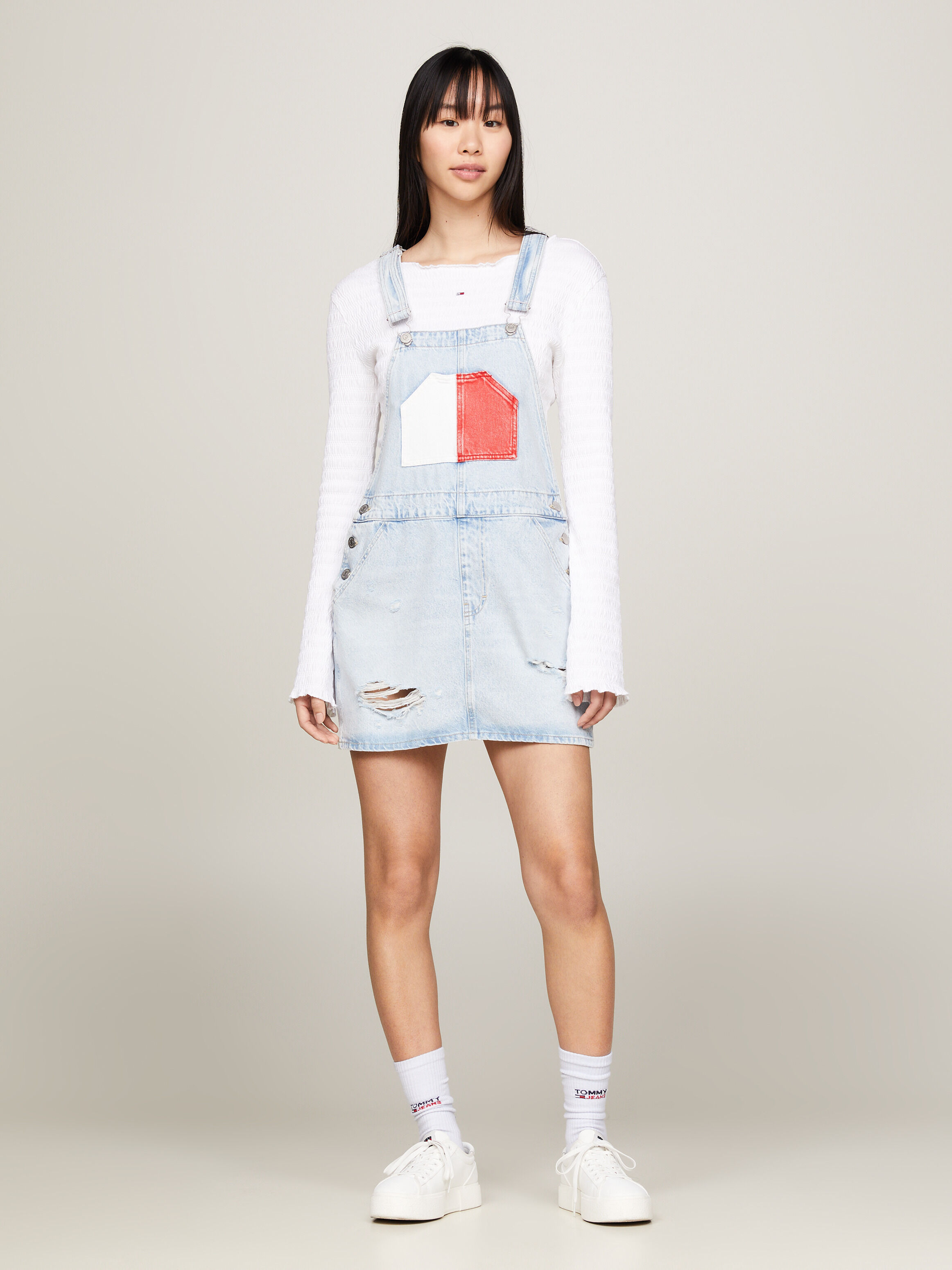 Light denim dungaree dress on sale