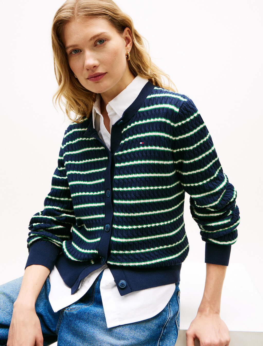 Fine Cable Knit Crew Neck Cardigan, Navy/Nouv Green/Calico Multi Stp, hi-res