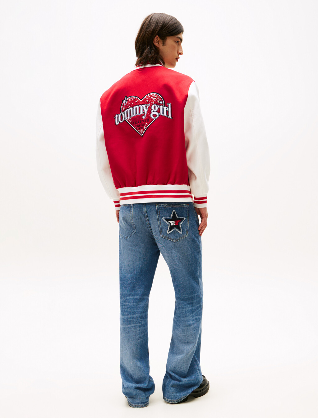 Tommy Girl Back Logo Oversized Varsity Jacket, Primary Red / Ecru, hi-res