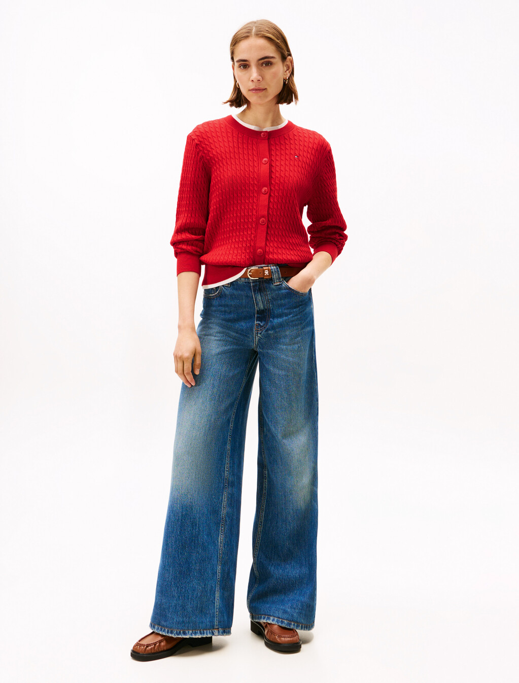 Cable Knit Crew Neck Cardigan, Primary Red, hi-res