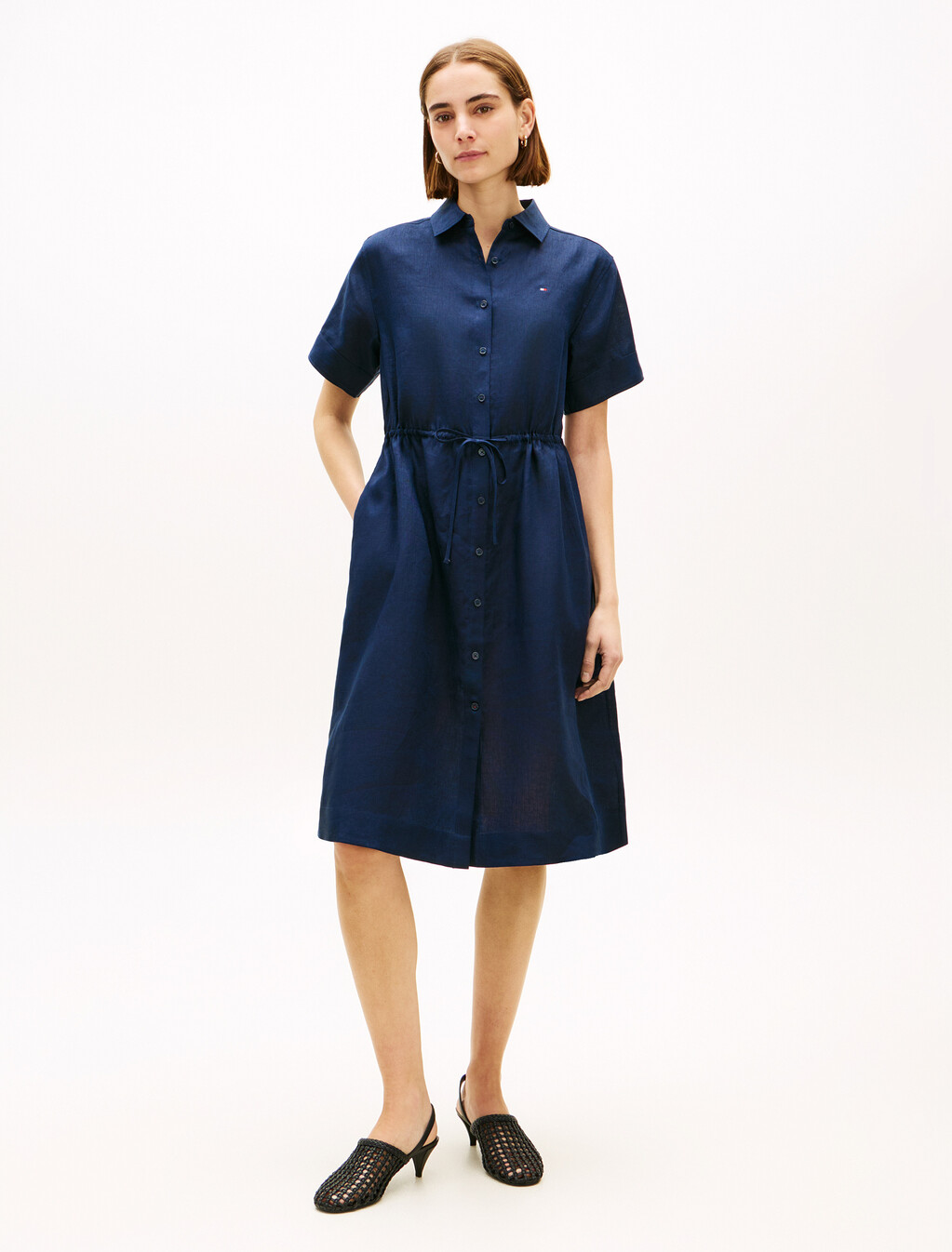 Asia Fit Linen Midi Shirt Dress, Dark Night Navy, hi-res