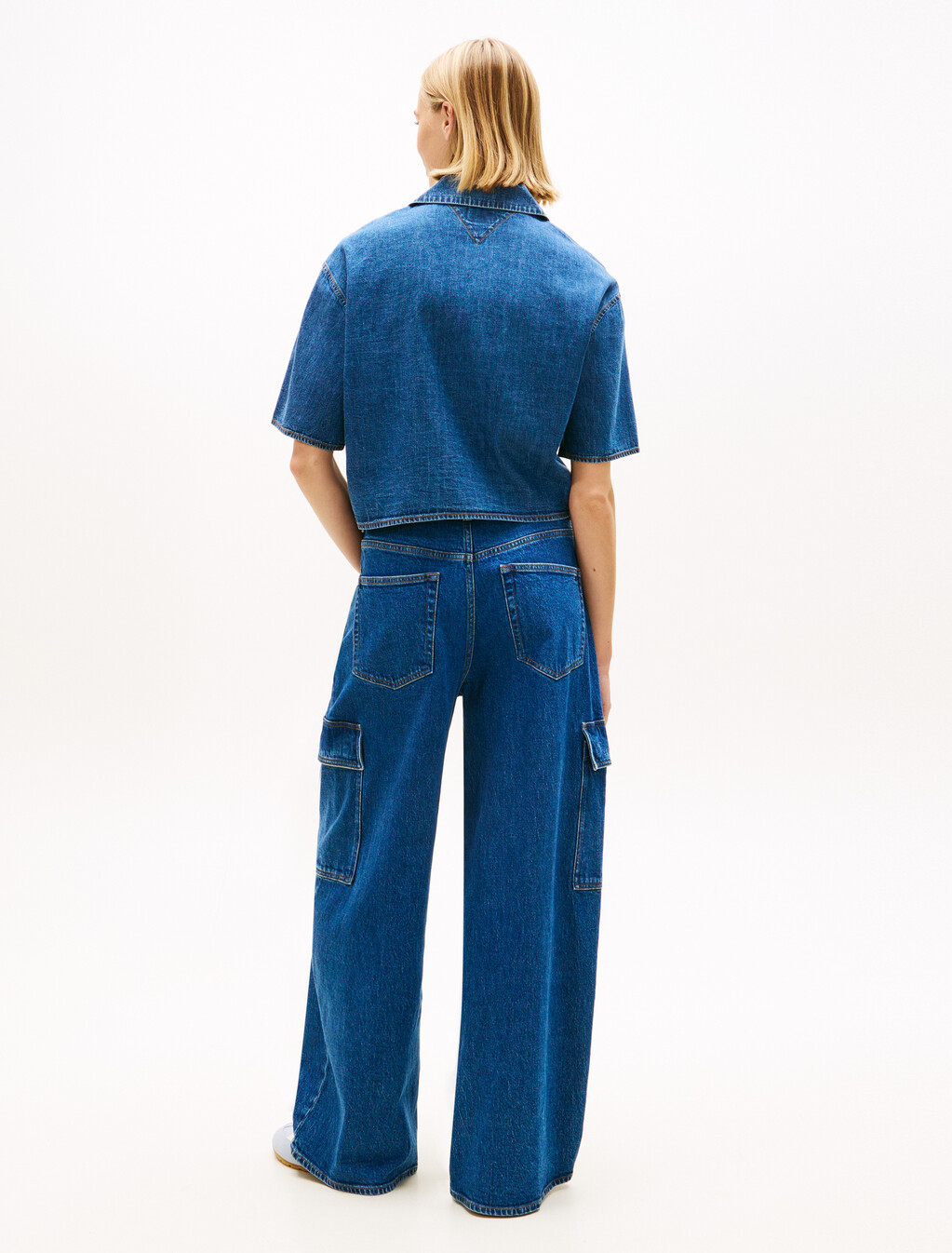 Relaxed Fit Chambray Cropped Shirt, Denim Medium, hi-res