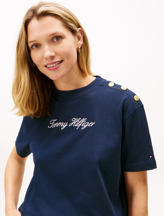Gold-Tone Button Logo Embroidery Relaxed T-Shirt