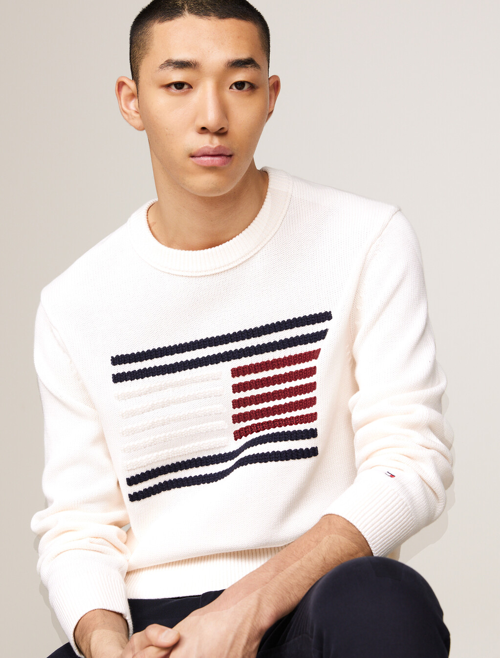 Cable Knit Stripe Flag Relaxed Jumper, Ancient White, hi-res