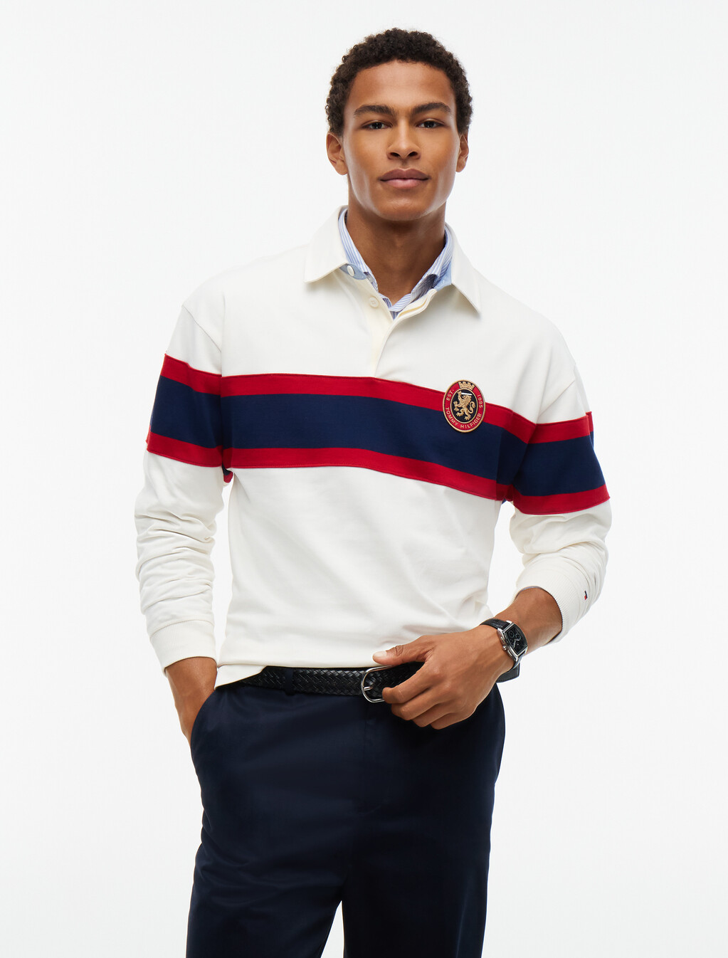 Crest Colour-Blocked Relaxed Rugby Shirt, Ivory Petal, hi-res